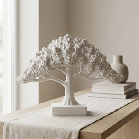 تحفة ديكور بوليستر على شكل شجرة بيضاء عريضة