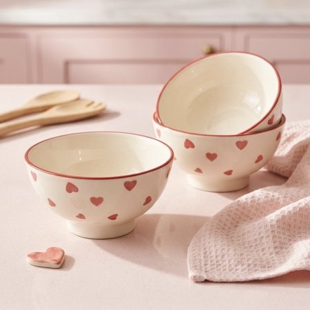 صحنين زبادي بورسلان بنقوش قلوب حمراء