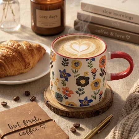 مج سيراميك برسومات زهور ملونة مبهجة