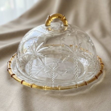 وعاء تقديم زجاجي مع غطاء بنقشة أشجار النخيل