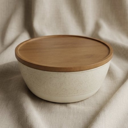 وعاء تقديم بورسلان مع غطاء خشبي