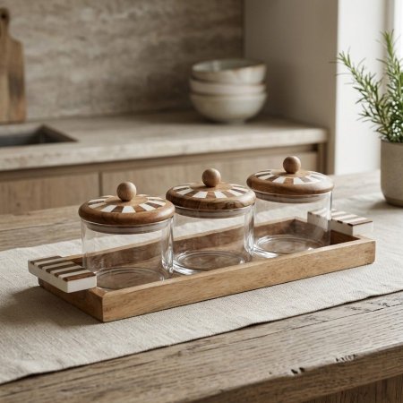 صينية تقديم خشبية مستطيلة مع ٣ علب زجاجية بأغطية خشبية