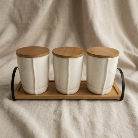 طقم علب تخزين سيراميك مع قاعدة خشبية