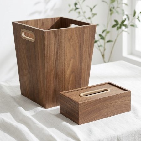 طقم سلة مهملات وعلبة محارم خشبية لون بني داكن
