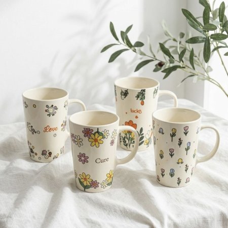 مج بورسلان ابيض برسومات زهور ربيعية