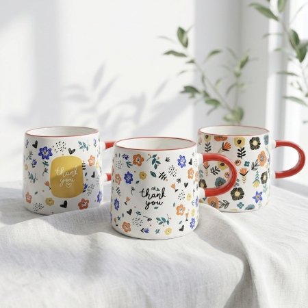 مج بورسلان بنقوش أزهار ملونة وعبارة Thank You