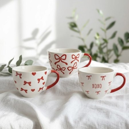 مج بورسلان ابيض بتصميم فيونكات وقلوب حمراء