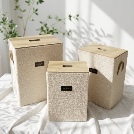 صندوق تخزين مستطيل مغطى بقماش تيدي مع غطاء خشبي