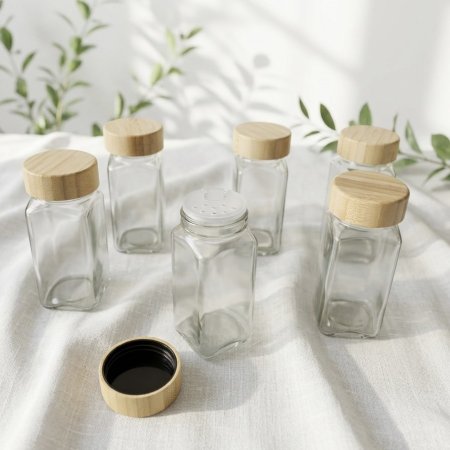 طقم علب توابل صغيرة زجاجية شفافة مع أغطية خشبية