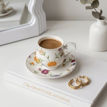 طقم فناجين قهوة بورسلان بنقشات زهور ملونة