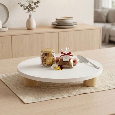 صينية بيضاء خشبية دائرية ذات أرجل خشبية قصيرة