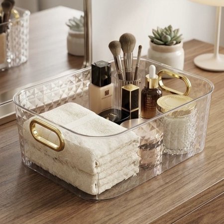 سلة منظم أكريليك شفاف بتصميم ماسي مع يد ذهبية