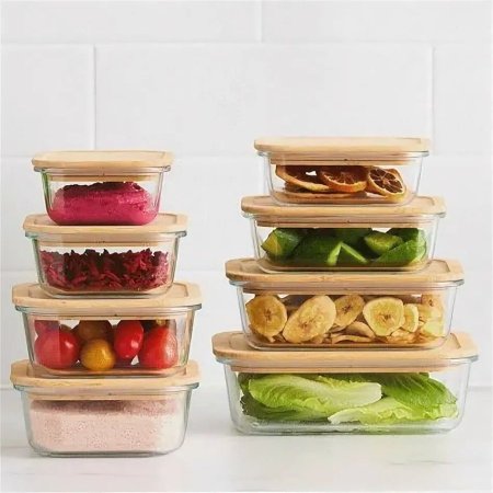 طقم علب تخزين طعام زجاجية بأغطية من خشب البامبو 4 قطع