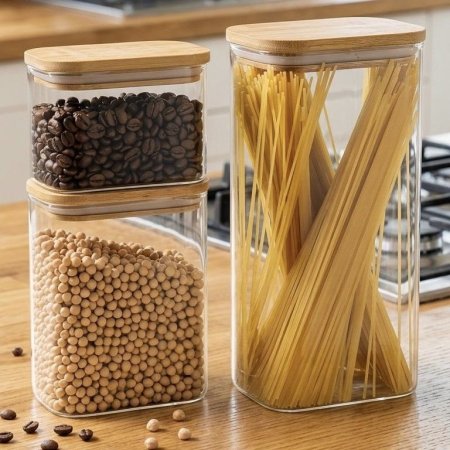 طقم علب تخزين زجاجية مع غطاء خشبي ٣ قطع