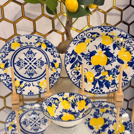 طقم صحون سفرة بورسلان بنقش الليمون ١٨ قطعة