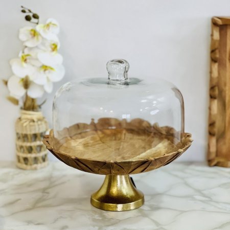 صحن خشب طبيعي مع غطاء زجاج شفاف