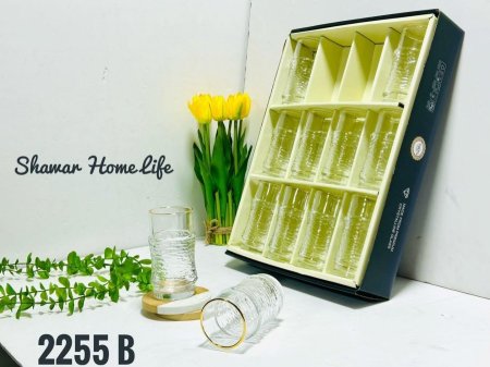 طقم 12 كاسة (ماء،عصير)حز ذهبي