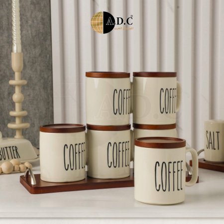 طقم 6 مجات coffe بورسلان مع غطاء وصينية خشب