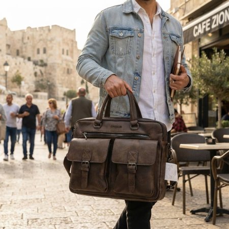 حقيبة جلد Jerusalem يد+قشاط كتف 5 دفات بني غامق