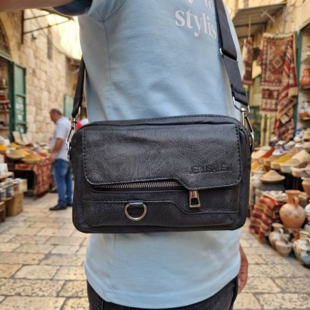 حقيبة جلد  كتف رجالي Jerusalem اسود اربع سحابات