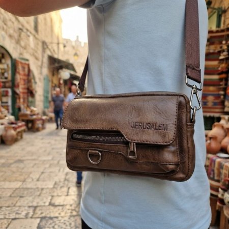 حقيبة  جلد كتف رجالي Jerusalem بني غامق  اربع سحابات