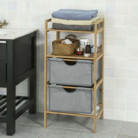 رفوف خشب مع أدراج قماشية