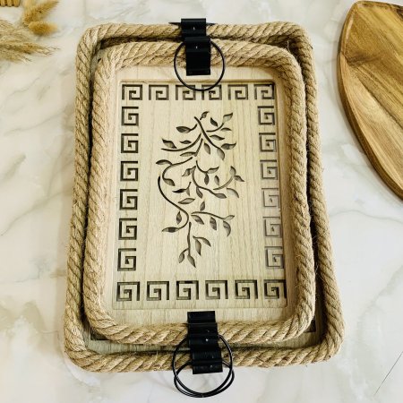 طقم صينية تقديم خشبية مستطيلة بمقابض سوداء