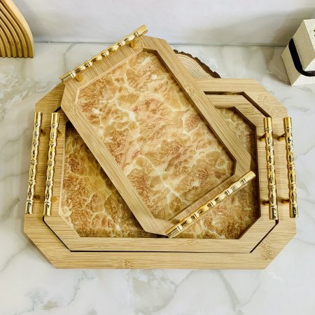 طقم ٣ صواني تقديم خشبية مع قاعدة شبيهة بالرخام