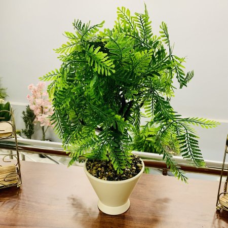 نبتة خضراء صناعية في قوار أبيض