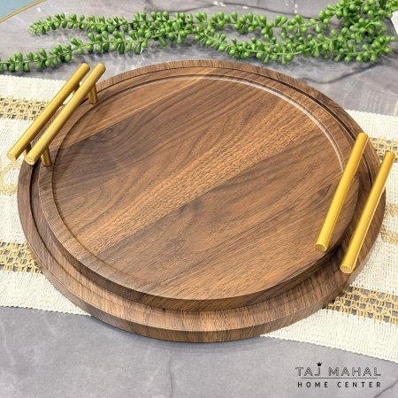 طقم صواني خشبية دائرية مع يد ذهبية