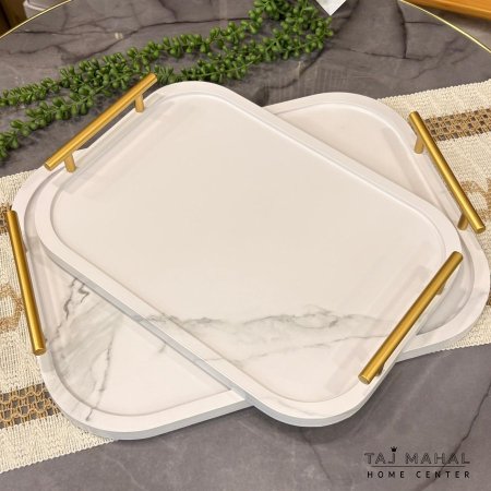 طقم صواني خشبية مستطيل مع يد ذهبية