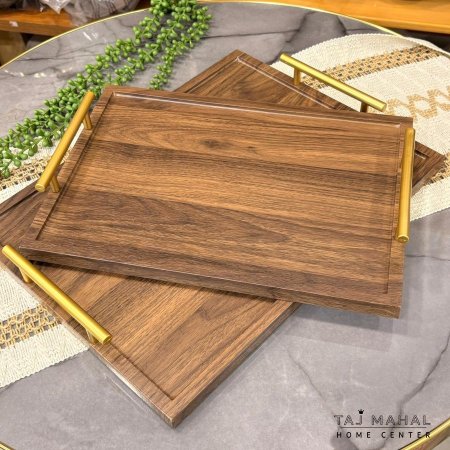 طقم صواني خشبية مستطيلة مع يد ذهبية