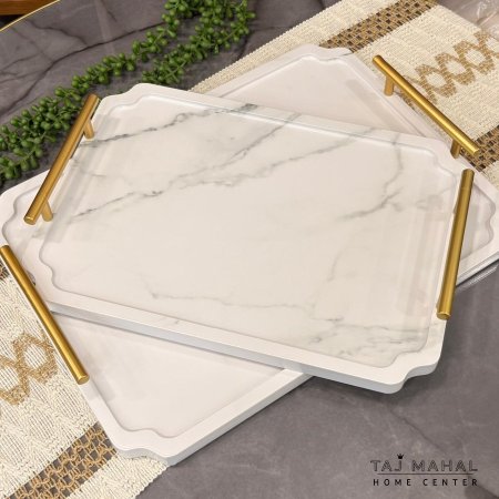 طقم صواني خشبية بحواف مموجة مع يد ذهبية