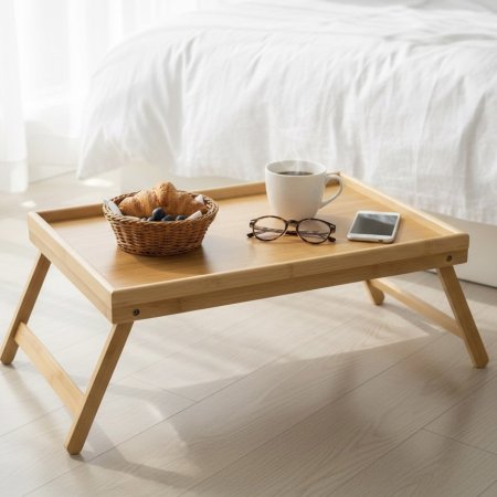 طاولة سرير من الخيزران مع صينية تقديم قابلة للطي