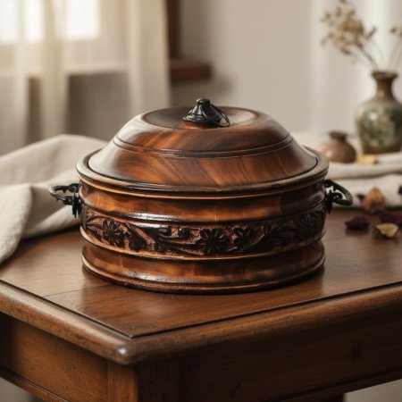 مضيفة خشب هندي بتصميم دائري ومنحوت يدويا