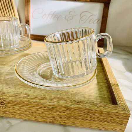 طقم ٦ كاسات شاي مع ٦ صحون محزز ذهبي