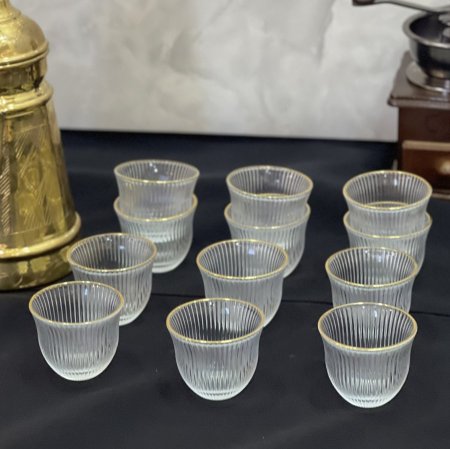 12 فنجان  سادة شفاف حز ذهبي 