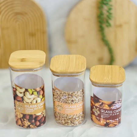 طقم بهارات زجاج غطاء بامبو 