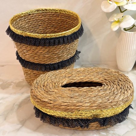 طقم سلة قش مع بكيت محارم مع لون اسود وذهبي