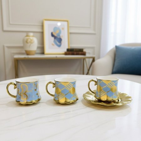 طقم 6 فناجين قهوة بلون ازرق وذهبي