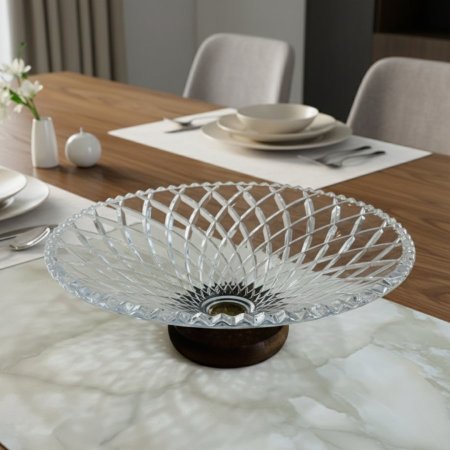 صحن فاكهة زجاجي بقاعدة خشبية دائرية