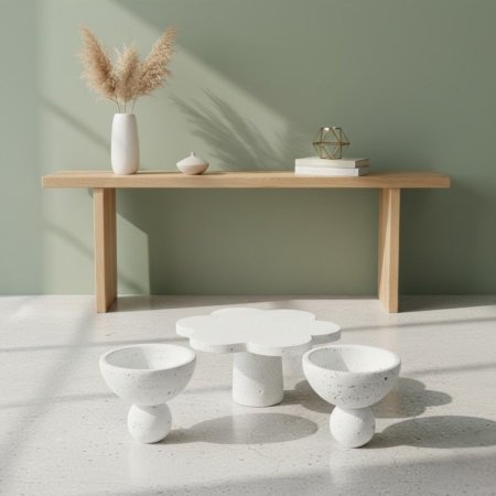 طقم جاط شكل وردة + صحنين مدور مع قاعدة بيضاء