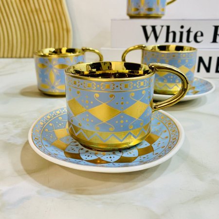 طقم 6 فناجين بورسلان بنقش ذهبي وازرق