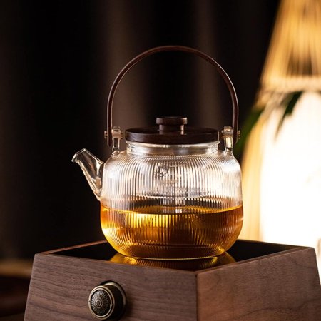 إبريق شاي زجاجي حراري بغطاء ويد خشب