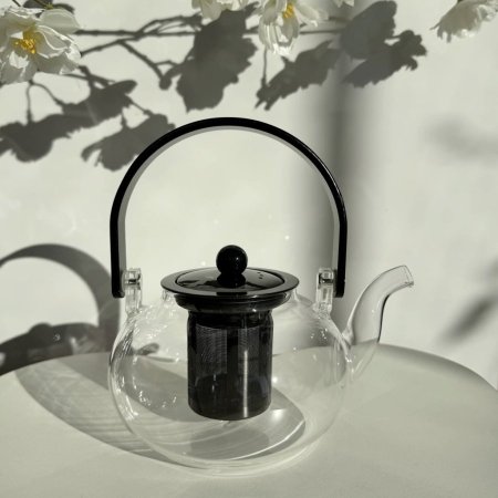 إبريق شاي زجاجي شفاف مع مصفاة داخلية