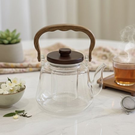 إبريق شاي زجاجي حراري مع يد وغطاء خشبي