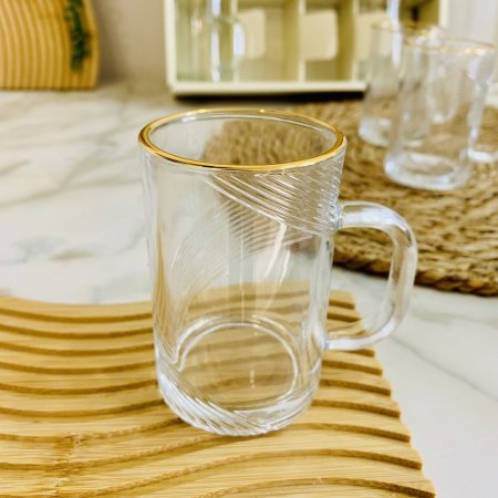 طقم 12 كاسة شاي زجاج شفاف منقش حز ذهبي