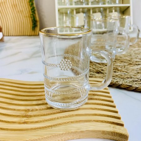 طقم 12 كاسة شاي زجاج شفاف منقش مع حز ذهبي