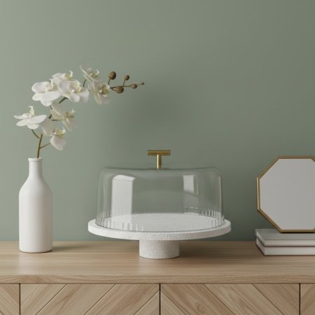 ‎طبق تقديم بقاعدة بيضاء وغطاء زجاجي شفاف ومقبض ذهبي