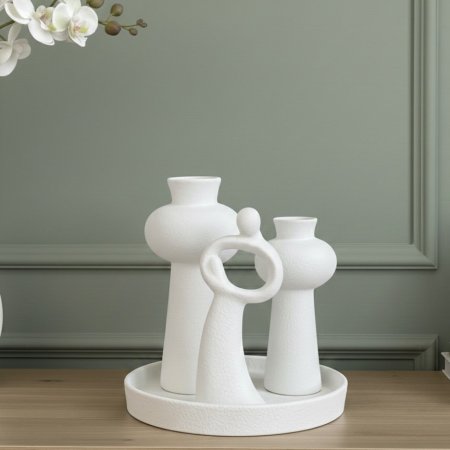 طقم تحف ديكور منزلي سيراميكي أبيض
